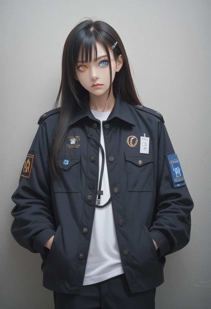 A girl, jacket, Hands in pockets, Staring at others, Black long hair, Heterochromic Eyes, Heterochromic Eyes, Heterochromia, 8K resolution, Very detailed, Anatomically correct, number, Concept Art, Shinkai Makoto style, Clear images,