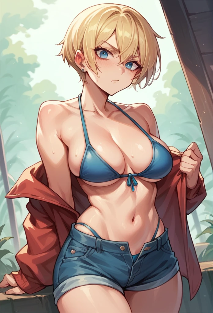 Blonde girl, Short hair, blue eyes, wearing tight denim shorts, with a mocking stressed face, full and shiny , wearing a bikini