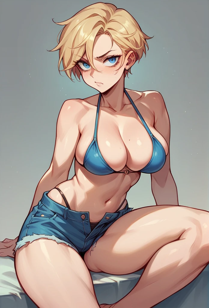 Blonde girl, Short hair, blue eyes, wearing tight denim shorts, with a mocking stressed face, full and shiny breasts, wearing a bikini 