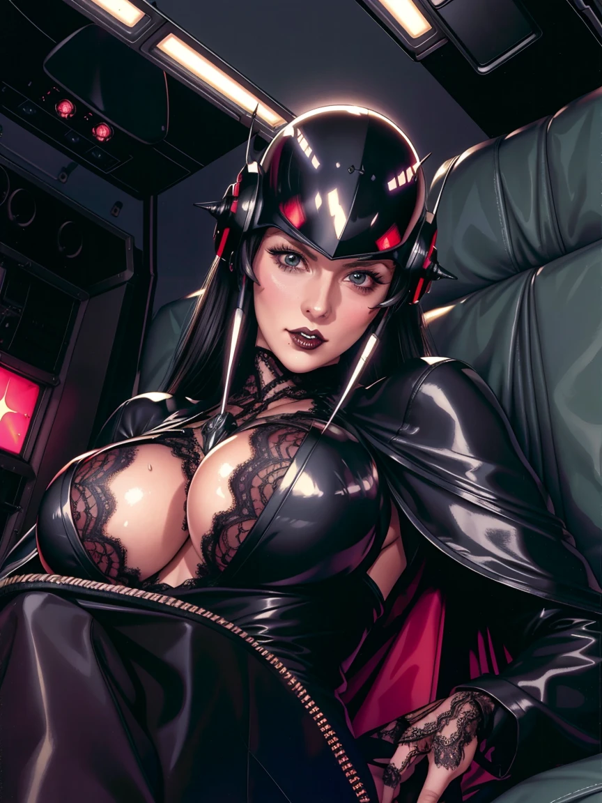 (((gothic vampire piloting) in gothic spacecraft)), (((retro anime))), ((from below)), ((120 fov)), ((((gothic)) control panels)), (((mature))), (((gothic))), (iridescent) bodysuit, ((((lace accessories)))), ((pilot seat)), ((((lying back)) pose)), (((elegant))), (((serious tone))), ((cockpit top control panel)), intricate control panel details, close-up, 1990s (style), masterpiece, ((claustrophobic)), best quality, screens, ((pilot helmet)), night, ((low key light)), (colorful cockpit lights), sparkles, (dramatic lighting), sweat, [blushing], [[pointy ears]], dark background