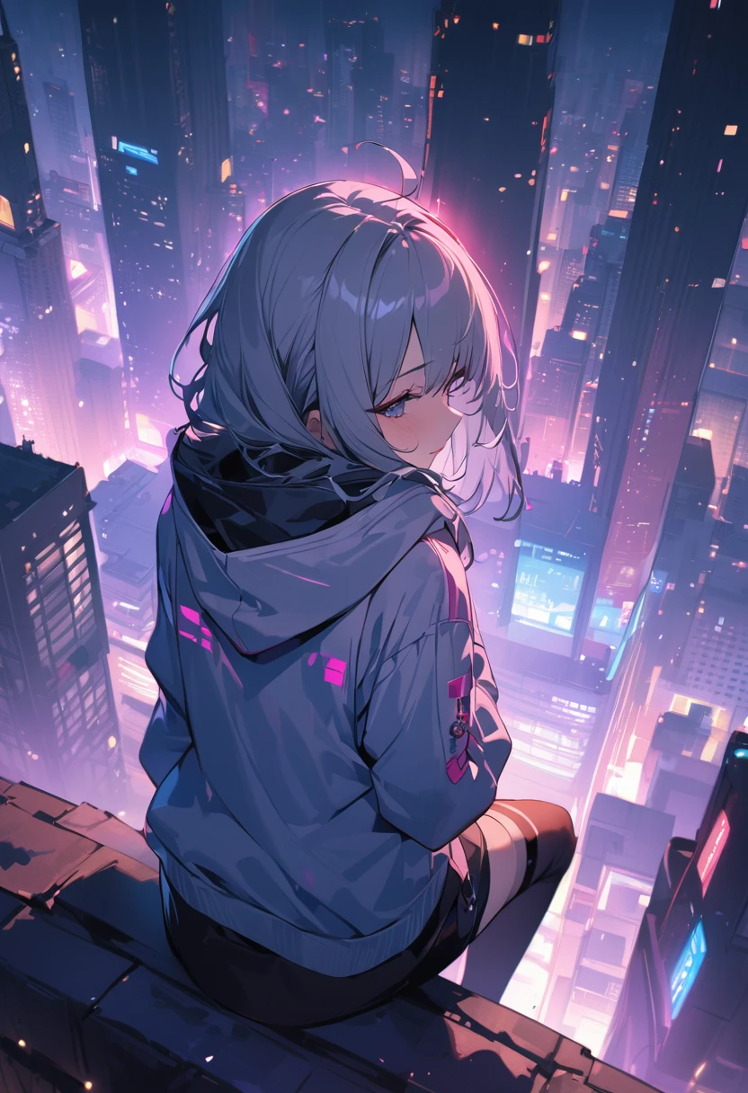 (masterpiece, best quality,ultra highres), a girl sitting on top of a chimney looking down on the city,from rear,bird's eye view,Hoodie, goggles,messy cyberpunk cityscape,depth of field,portrait,