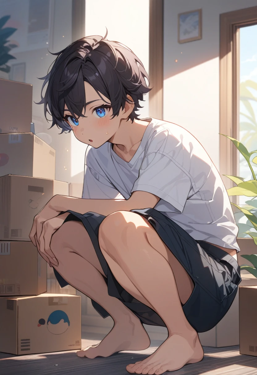 masterpiece, best quality, extremely detailed, ultra detailed, flat anime, 2D, ((1boy)),black hair, (short hair:1.5),blue eyes, height 1.7meters, (circle eyes:1.2), (young adult:1.2), Ear-length sideburns, long Sleeves, White T-shirt, barefoot, ((short sleeves)), ((long pants)), squatting, open mouth, summer, 12AM, livingroom,organizing the boxes., ((portrait)),full body,expressionless,((looking at viewer)), ((looking up)),