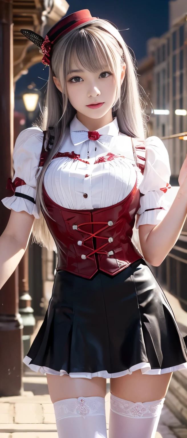 Cute and cool magician idol girl、whole body、Good style、、、、、、、、、、Thick legs、、White silver and shiny red steampunk magician uniform、Neat and clean idol face、summer night(Glowing)、