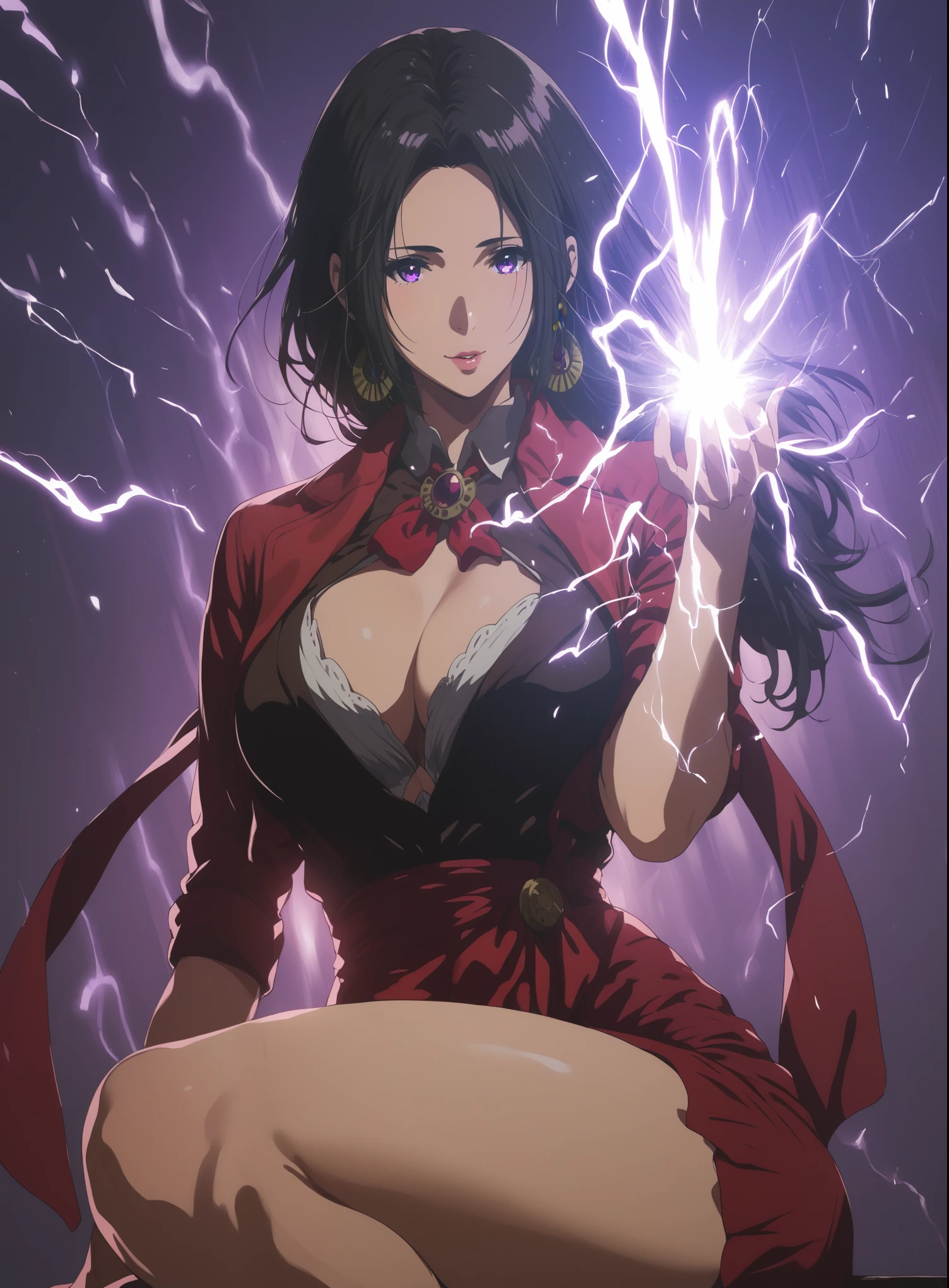 (hews art style:0.7), (hero neisan art style:0.7), score_9, score_8_up, score_7_up, score_6_up, score_5_up, score_4_up, uncensored, KJOcattleya, black hair, purple eyes, long hair, parted bangs, BREAK (masterpiece:1.2), best quality, high resolution, (detailed eyes:1.3), perfect lighting, (perfect hands, perfect anatomy), large breasts, 1girl, breasts, solo, cleavage cutout, cleavage, clothing cutout, large breasts, skirt, miniskirt, cropped jacket, makeup, lips, thighs, earrings, jewelry, looking at viewer,electricity, jacket,