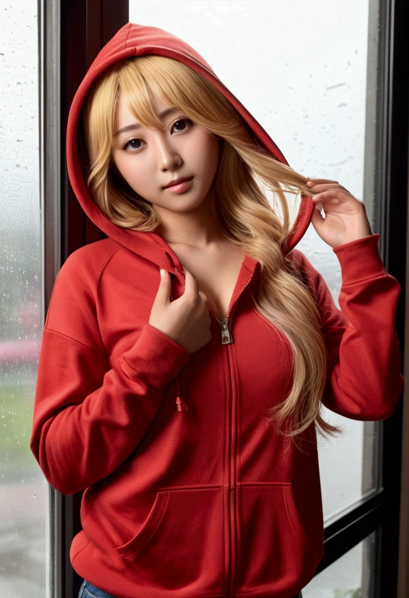 ((Highest quality、8K、masterpiece:1.3))、(Very large breasts:1.3)、((Photorealistic、Perfect Style:1.3))、((Beautiful 18 year old Japanese girl、One Woman:1.3))、((She has a slim waist and large breasts, like a gravure idol.、Highly detailed face and skin texture with beautiful eyes、Eye highlights:1.3))、((Blonde mesh colored super long hair:1.3))、((Blonde, flashy gal-type woman、A simple red cotton hoodie with the zipper open:1.3))、((Very tanned brown skin:1.5))、((She looks flashy but has a very gentle personality.、By the window on a rainy typhoon day、Staring out the window, feeling tired after waking up:1.3))