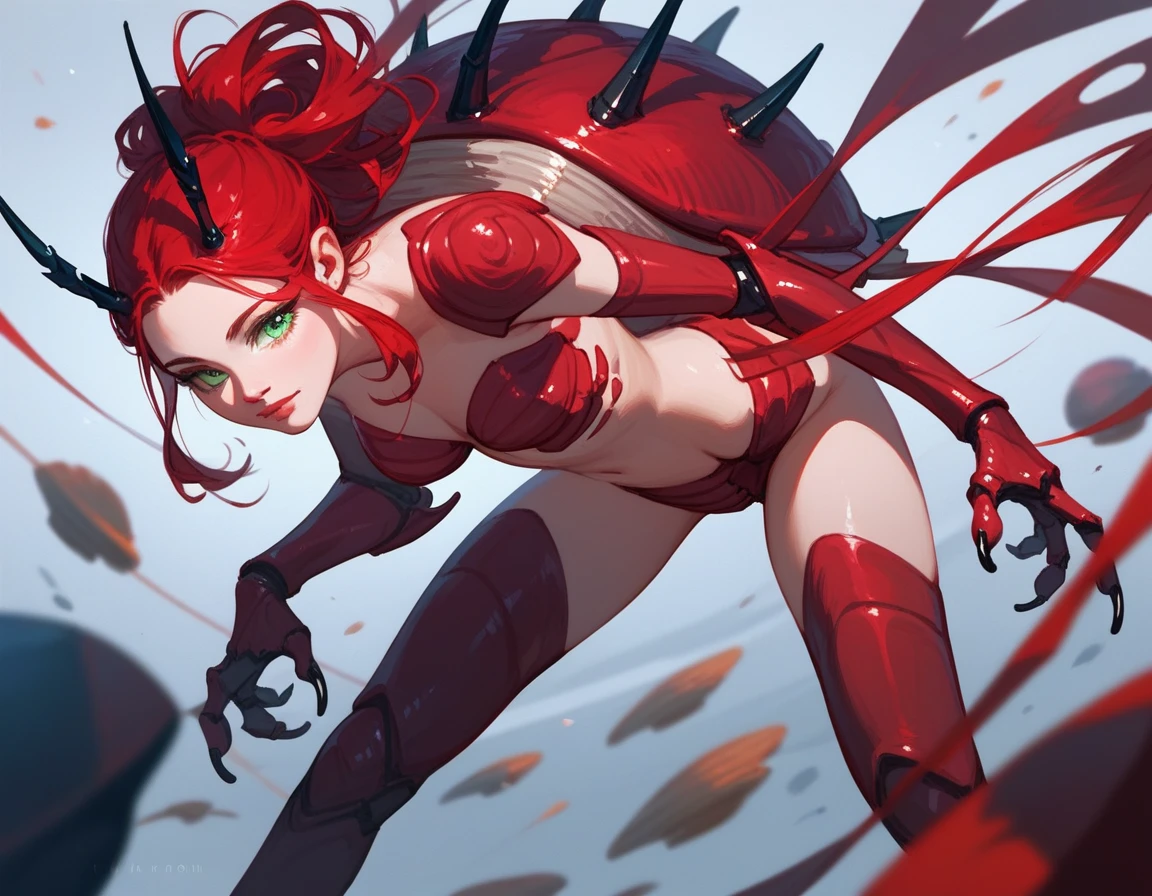 (score_9,score_8_up,score_7_up,score_6_up,score_5_up,score_4_up)A crimson beetle-like shell and vivid green eyes and black claws in realistic anime art style