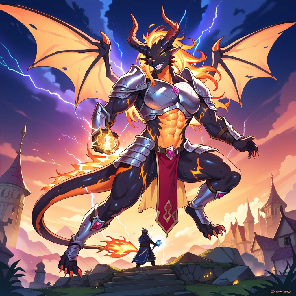 Four young men and women(Highest quality,Extremely detailed depiction,Incredibly absurd high resolution,Anatomically accurate depiction),(Glowing Skin,Shiny skin,Sweat),Fighting a giant dragon,Female warrior holding a sword,Male warrior holding a shield,A male wizard casting a fire spell,A female monk praying,background:Demon World,Fantasy,Lightning in the sky,Huge black dragon,monster