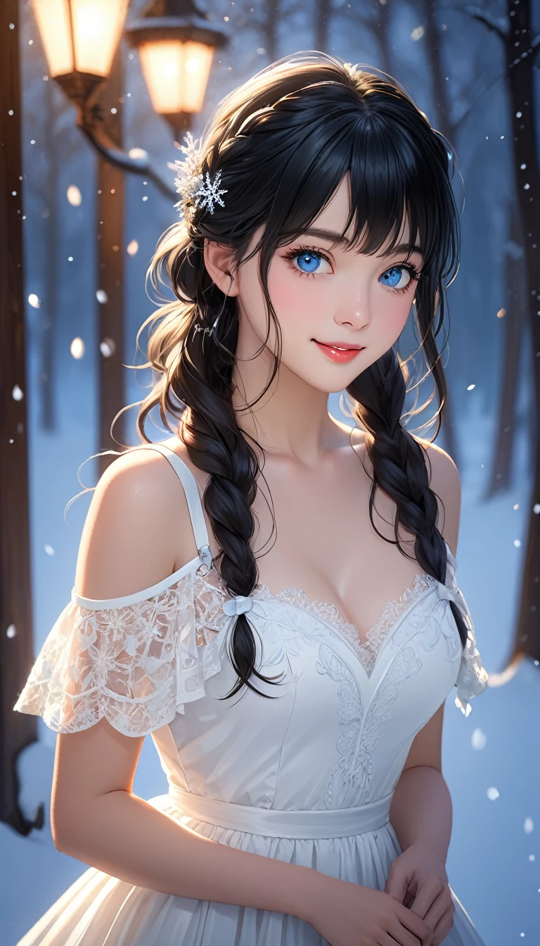 (((masterpiece))),best quality,illustration,4k wallpaper,movie lighting,absurd,1 girl,(snow,ice),in winter,blue eyes,black hair,shiny hair,medium hair,white dress,frills,lace,leave_Shoulder,hair tie,masterpiece,telephoto lens,absurd,Exquisite face,features,natural light,soft light,(Seven-part combination),epic,Dreamy and magical,mystery,shy,smile,