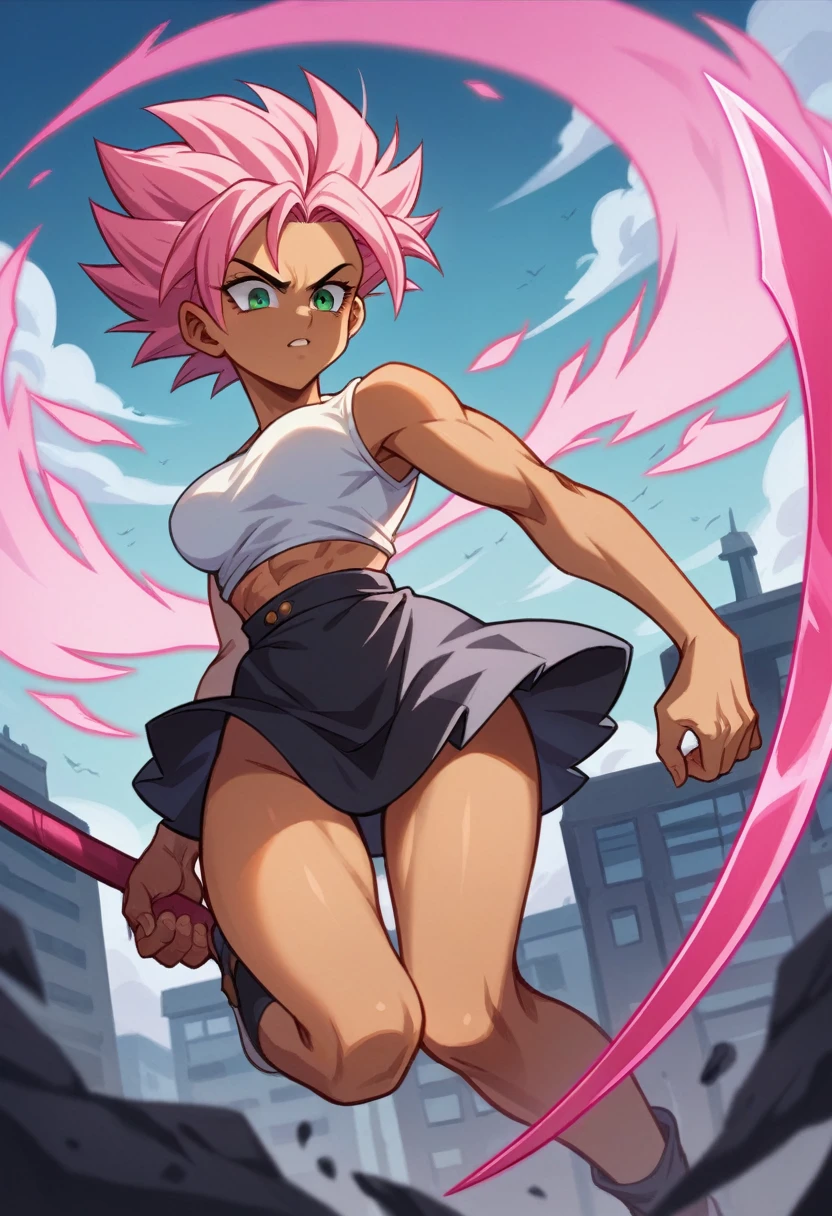 1 girl ,Saiyan, dark pink hair combed back, green eyes,slim, thin waist, wide hips, brown skin color, medium breasts, white top, short black skirt , fly in the city, stay in city, flying, hot aura, strong aura, strong energy, pink energy, pink aura, big aura,a large pink scythe of energy in your hands