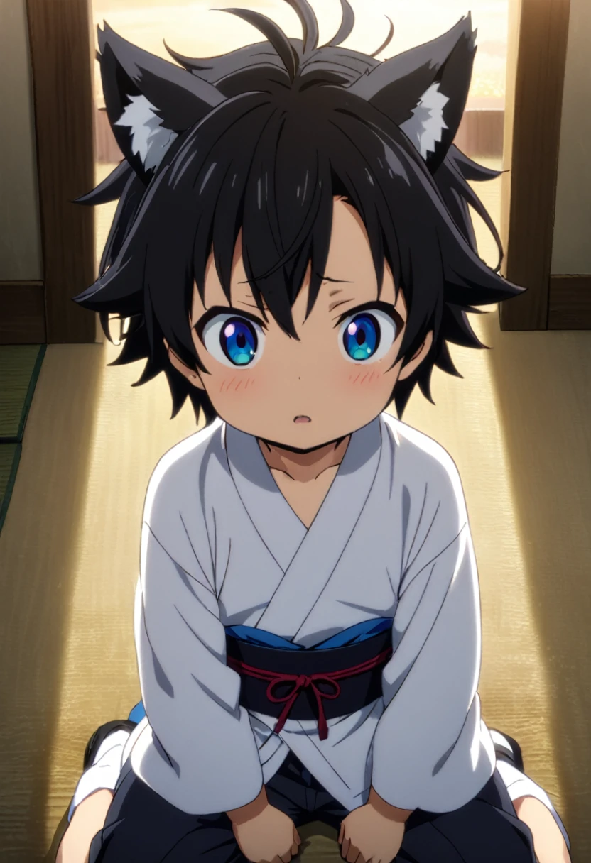 1boy, boy, , 3 years old, anime, alone, black hair, messy hair, tied-up pony hair, azure eyes, wolf ears and tail, japanese clothes, forehead bang hair