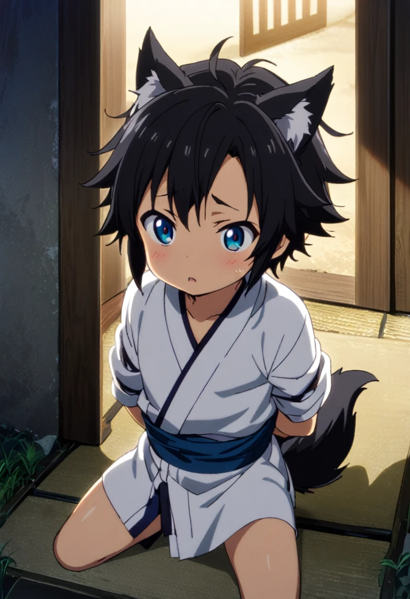 1boy, boy, , 3 years old, anime, alone, black hair, messy hair, tied-up pony hair, azure eyes, wolf ears and tail, japanese clothes, forehead bang hair