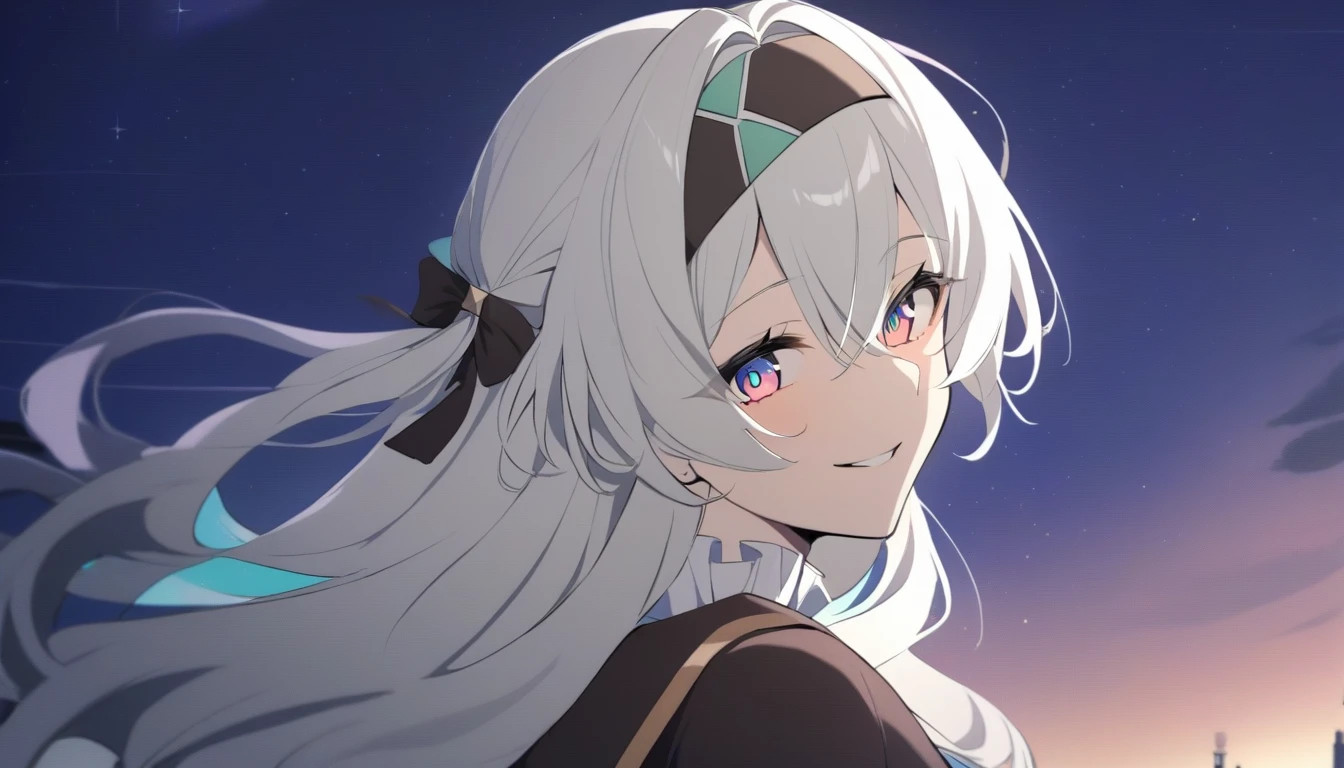 masterpiece,Best Quality,Firefly \(collapse: star rail\), 1 girl, lonely, sky, star_\(sky\), looking_exist_viewer, smile, long_hair, starry_sky, blue_look like, hits, evening, hairband, evening_sky, closure_boca, white_hair, long_manga, negro_hairband, down_hair_decorations, hair_decorations, Skirt, hair_in between_look like