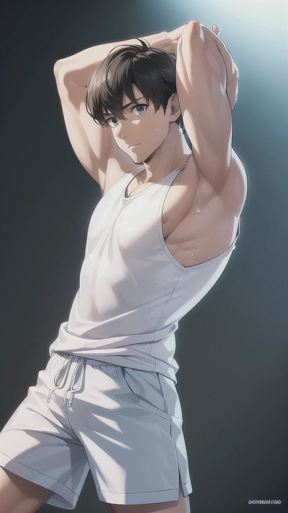 (Highest quality),masterpiece,8k wallpaper quality, Cinematic,effort,1 boy,White tank top, Huge muscles ,Raise your hand,Underarm, sweating