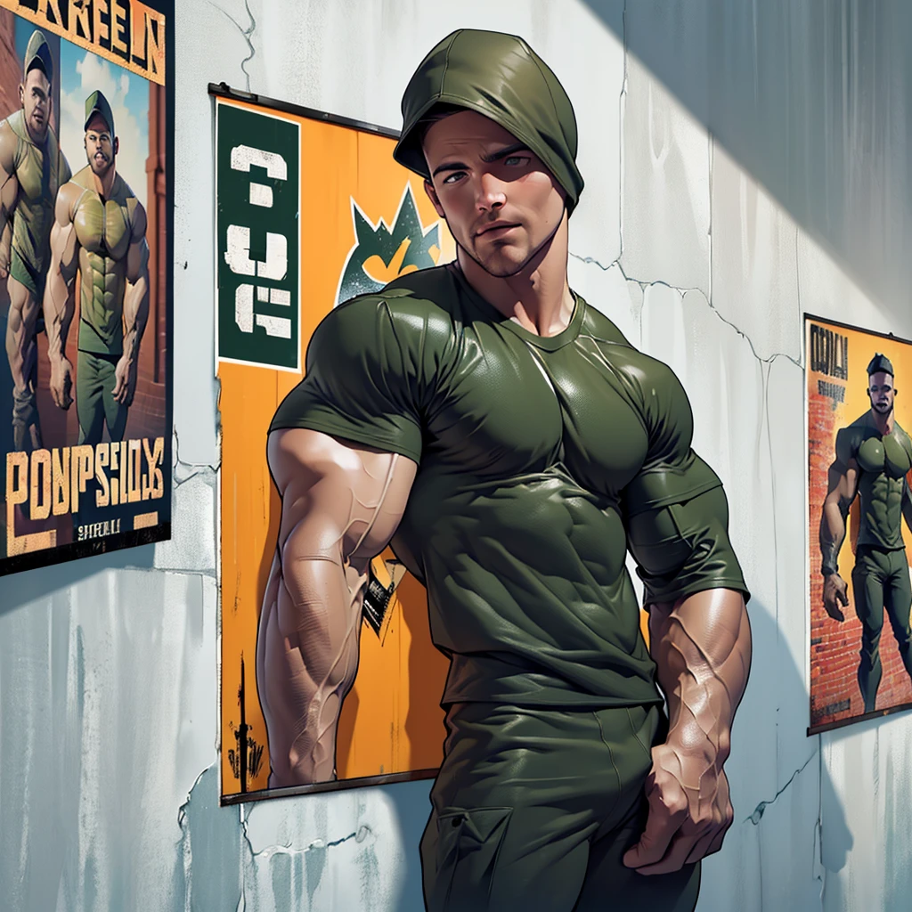 32k, high quality , detailed face , detailed hands , detailed muscles , (((stephen amell))) standing and posing as a military man ,standing with spread legs, showing his muscles and bulge , ((background brick wall with lot of army posters ))