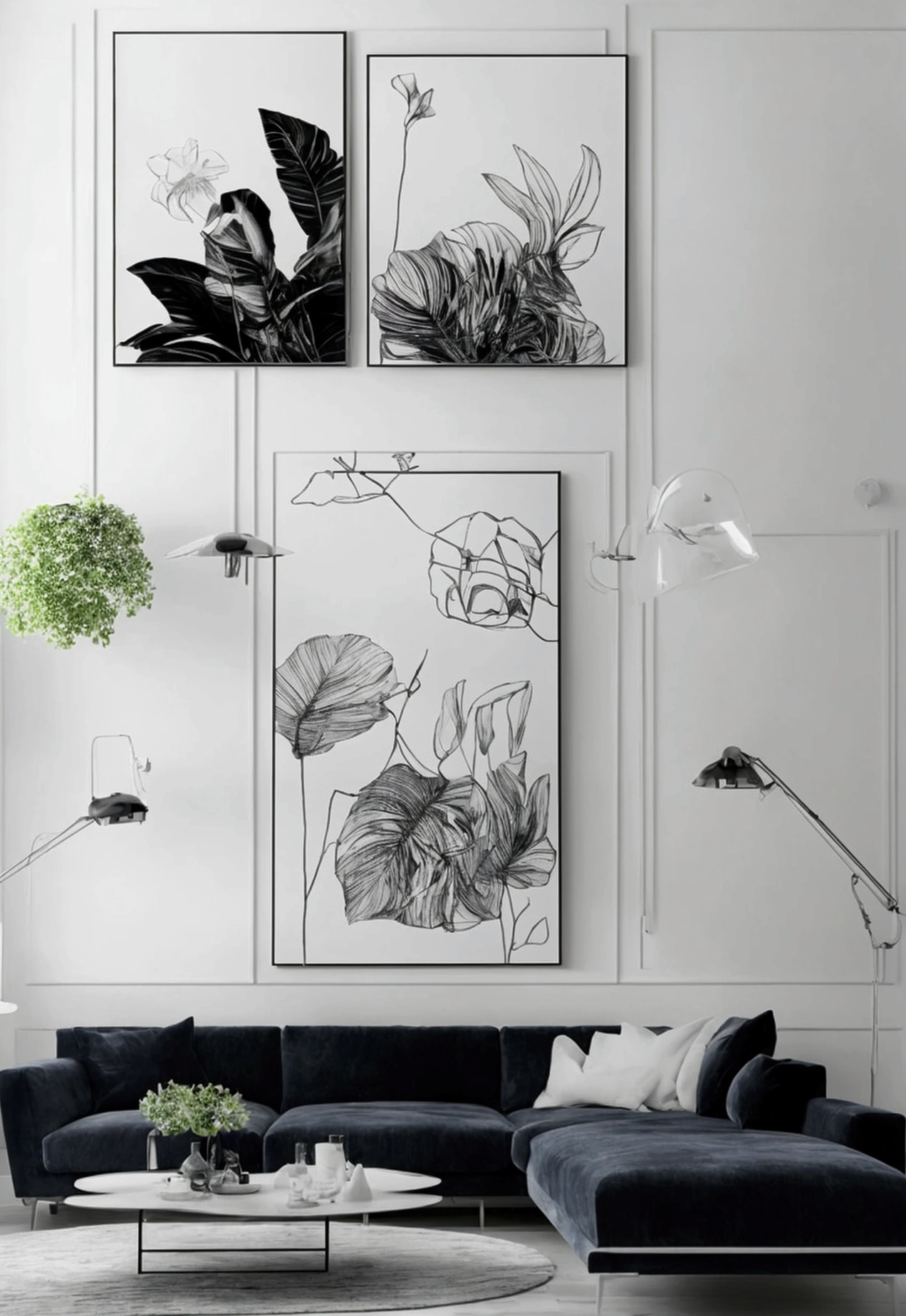 Stylish and modern apartment interior, with large corner sofa, on the wall facing the sofa, 1 Large Wall Canvas Frame Art Is The Important Element Of The Picture - Beautiful Night Light, beautiful majestic plants, black andwhite, Interior designer research style pencil drawing