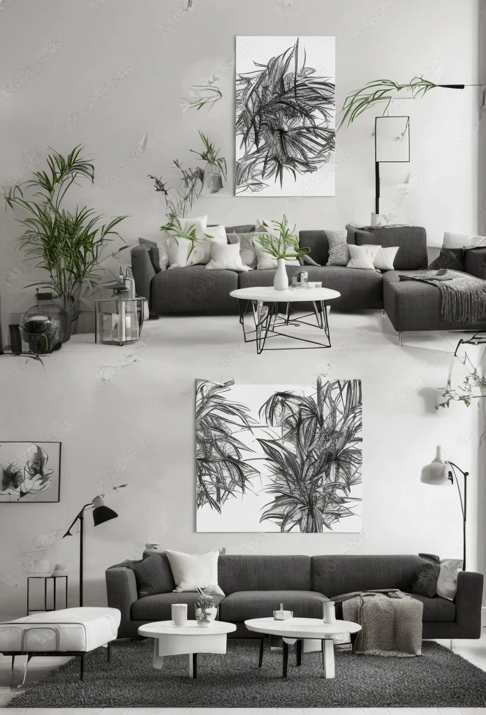 Stylish and modern apartment interior, with large corner sofa, on the wall facing the sofa, 1 Large Wall Canvas Frame Art Is The Important Element Of The Picture - Beautiful Night Light, beautiful majestic plants, black andwhite, Interior designer research style pencil drawing