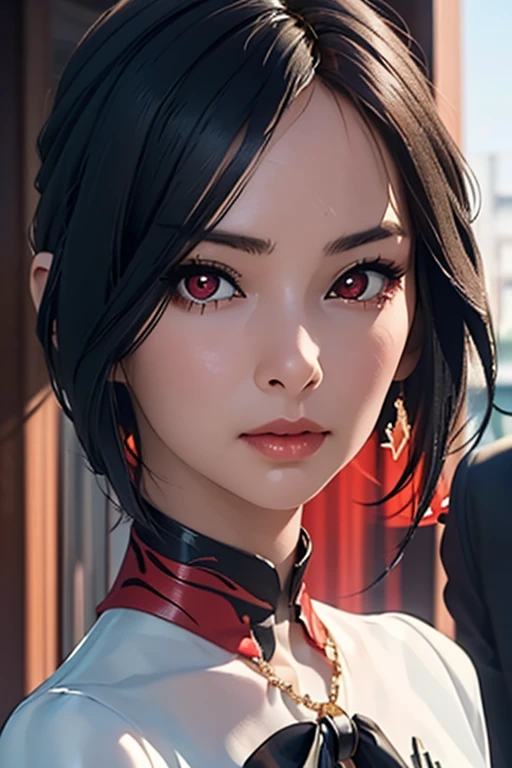 ((masterpiece, Highest quality)), ((Detailed CG integrated 8K people)), That Time I Got Reincarnated as a Slime, Characters, Diablo, Tuxedo, Short black hair with white mesh, White handbag, girl dressed as a man, Woman dressed as a man, 黒いTuxedo:1.8, Red eyes, White mesh in hair,