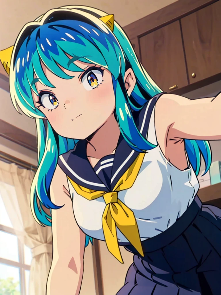 masterpiece, Highest quality, 1 Girl, Lum、 Mature、Sailor suit、Navy Skirt、On all fours、Watching the audience、smile、From below, From before, anime, blush, sexy、 High definition, Yellow neckerchief, Point, Bedroom