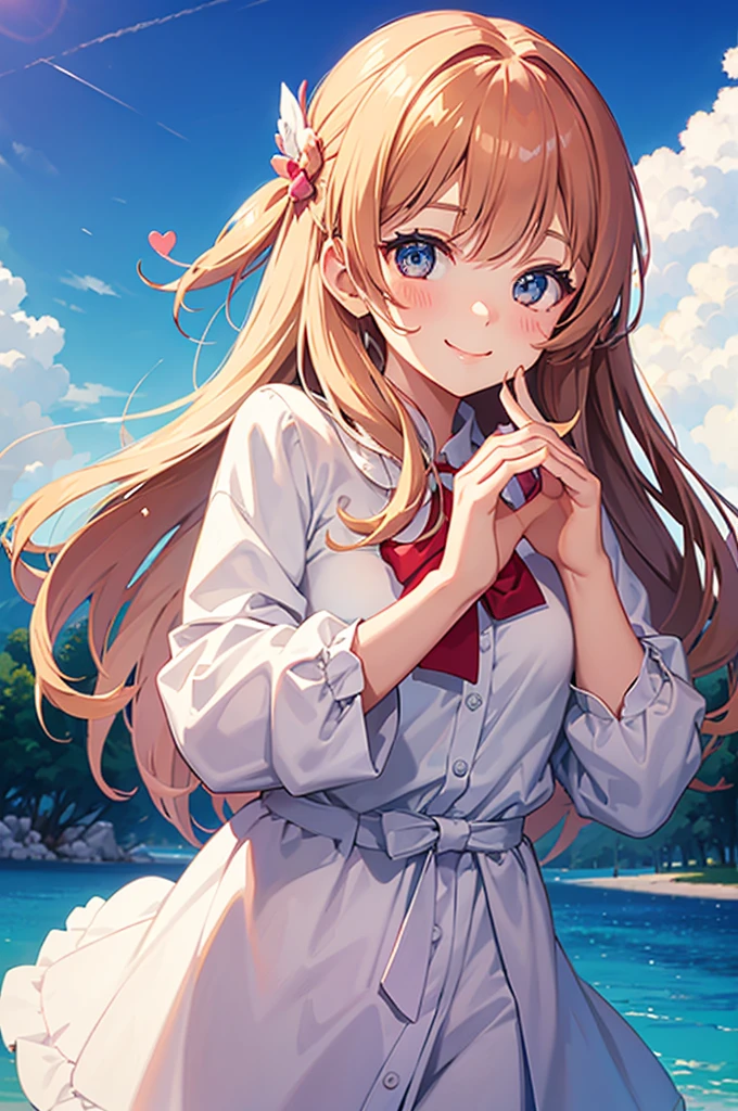 Cute girl makes a heart with her hands on her cheek and smiles.