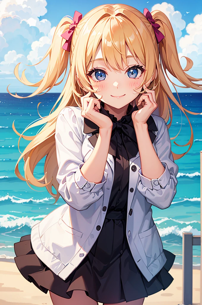 Cute girl makes a heart with her hands on her cheek and smiles.