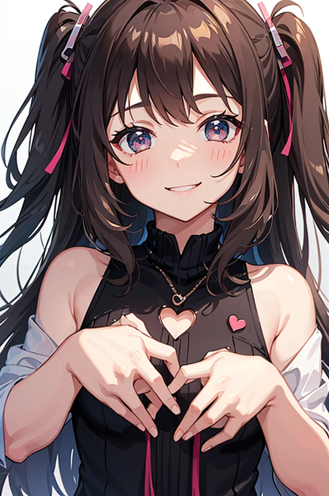 Cute girl makes a heart with her hands on her cheek and smiles.