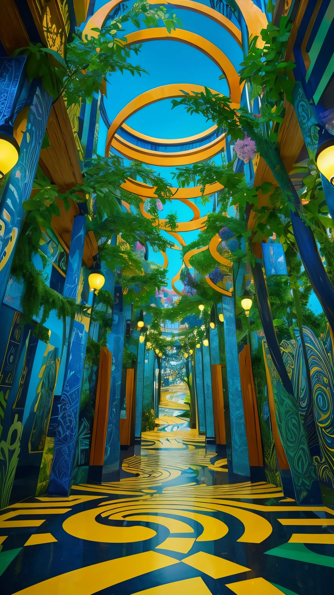 Illustration of a complex maze with multiple branches, Telling a different story. Inspired by the art style of MC Escher, The maze features intricate lines and illusionary perspective.. Vivid and contrasting color palette, A maze conveys the idea that there are different paths to explore.. The expressions of the characters in the maze are full of surprise and curiosity.. The lighting is bright、The atmosphere is one of discovery and challenge..--v 5 --stylize 1000