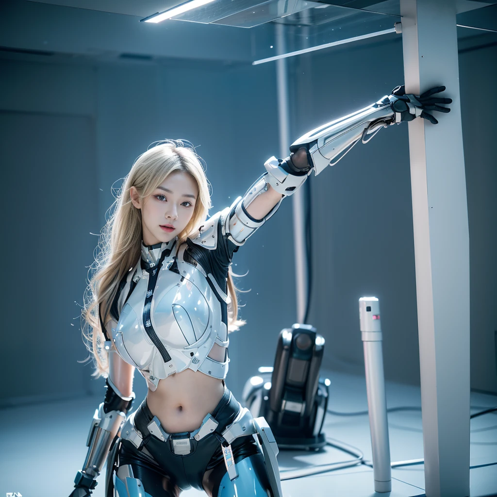 best quality, 1080P, Masterpiece, Whole body photo, Ultra high resolution, photorealistic photo, ultra realism, Realistic skin texture, light blonde hair, Extreme skin detail, dslr, Detailed eyes, Facing the camera, Very beautiful face, Firm facial structure, Pale skin, Realistic skin texture, Extreme skin detail, oc render reflection textures, Realistic light and shadow, One picture, alone, The body is slender and balanced.., Age 20, Height 170, สาวbare, bare, no underwear, A girl with the body of a mechanical robot.., Transparent futuristic black glass mech armor., Transparent light blue armor, The mechanical cervix is stuck in the neck.., Flat stomach, Woman with perfect mechanical arms and legs, full body view, Whole body photo,