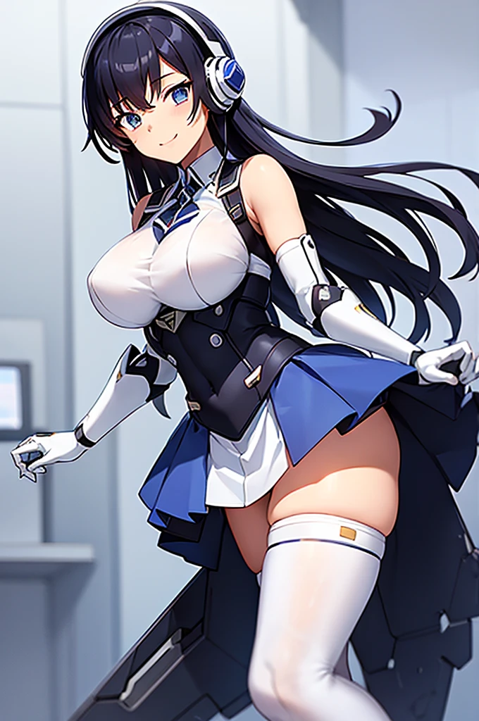 mecha wings、White and blue skirt、Accentuated thighs、White tights、chest、Beautiful black hair、1 girl、solo girl、Thick thighs、IS、Frame Arms Girl、Alice Gere Aegis、White Armor、Blue and purple lines、income、headphone、hand on own chest、smile