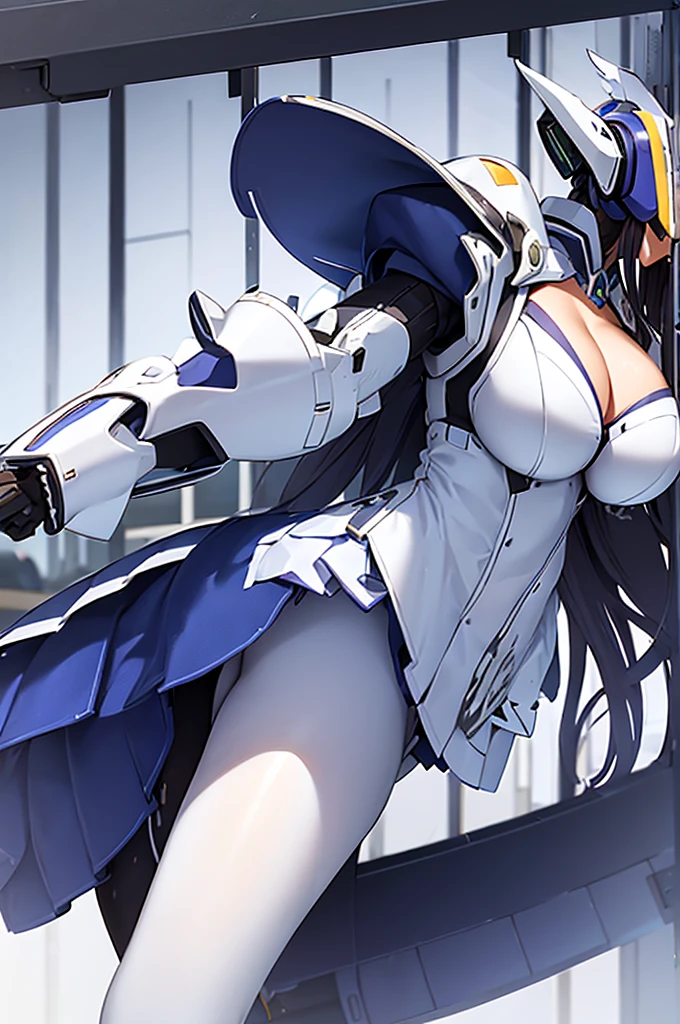 mecha wings、White and blue skirt、Accentuated thighs、White tights、chest、Beautiful black hair、1 girl、solo girl、Thick thighs、IS、Frame Arms Girl、Alice Gere Aegis、White Armor、Blue and purple lines、income、headphone、hand on own chest、smile