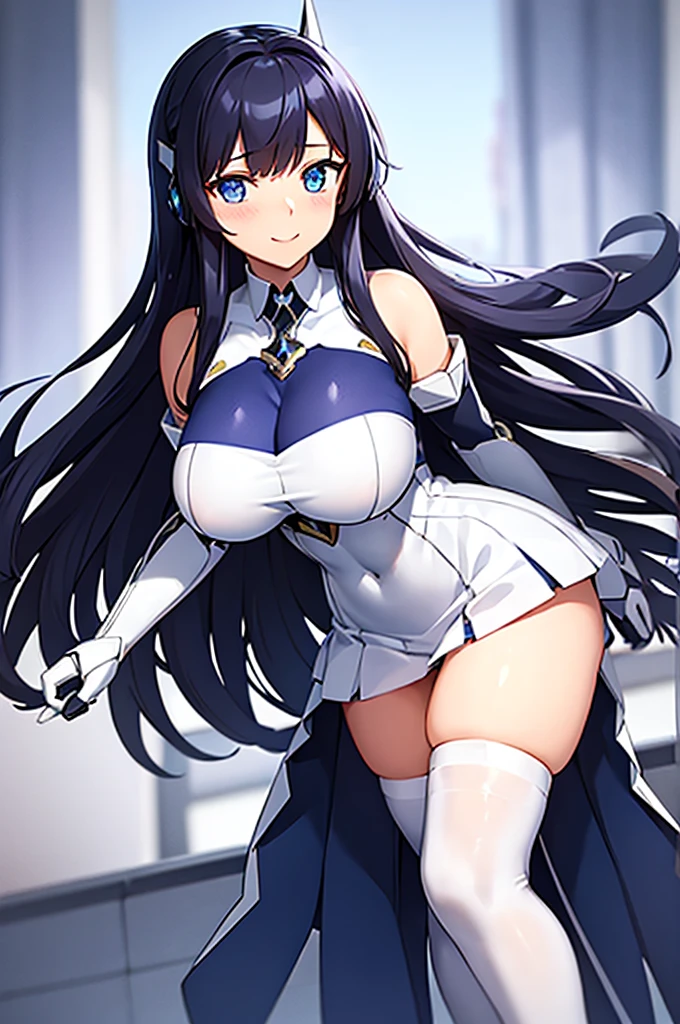 mecha wings、White and blue skirt、Accentuated thighs、White tights、chest、Beautiful black hair、1 girl、solo girl、Thick thighs、IS、Frame Arms Girl、Alice Gere Aegis、White Armor、Blue and purple lines、income、headphone、hand on own chest、smile