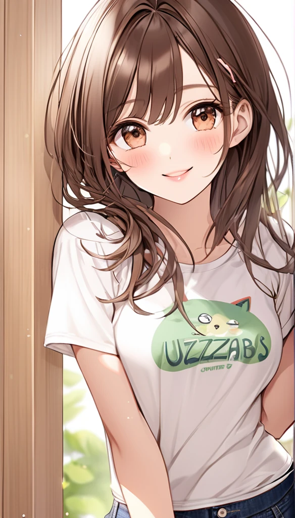Brown hair. Anime girl. Asian girl. Ulzzang. Brown eyes. Smiling. T-shirt. Visible bra.