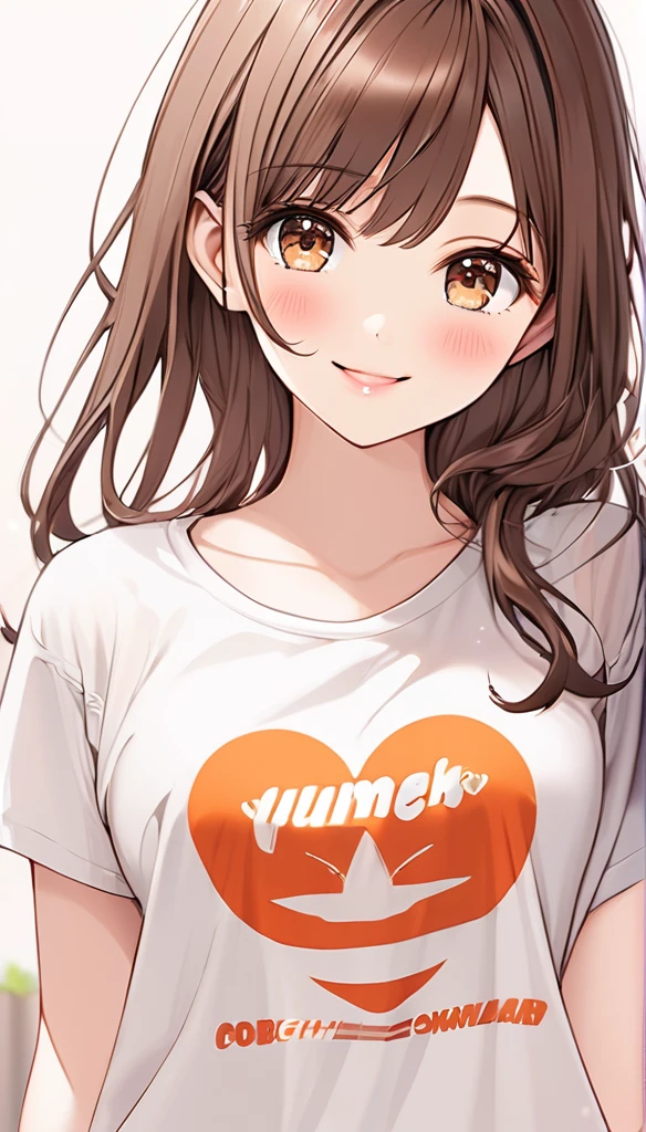 Brown hair. Anime girl. Asian girl. Ulzzang. Brown eyes. Smiling. T-shirt. Visible bra.