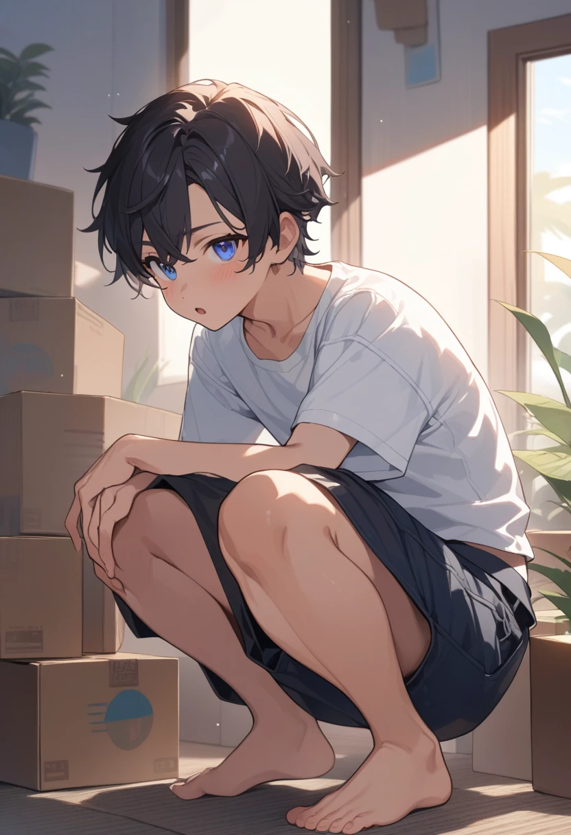 masterpiece, best quality, extremely detailed, ultra detailed, flat anime, 2D, ((1boy)),black hair, (short hair:1.5),blue eyes, height 1.7meters, (circle eyes:1.2), (young adult:1.2), Ear-length sideburns, long Sleeves, White T-shirt, barefoot, ((short sleeves)), ((long pants)), squatting, open mouth, summer, 12AM, livingroom,organizing the boxes., ((portrait)),full body,expressionless,((looking at viewer)), ((looking up)),