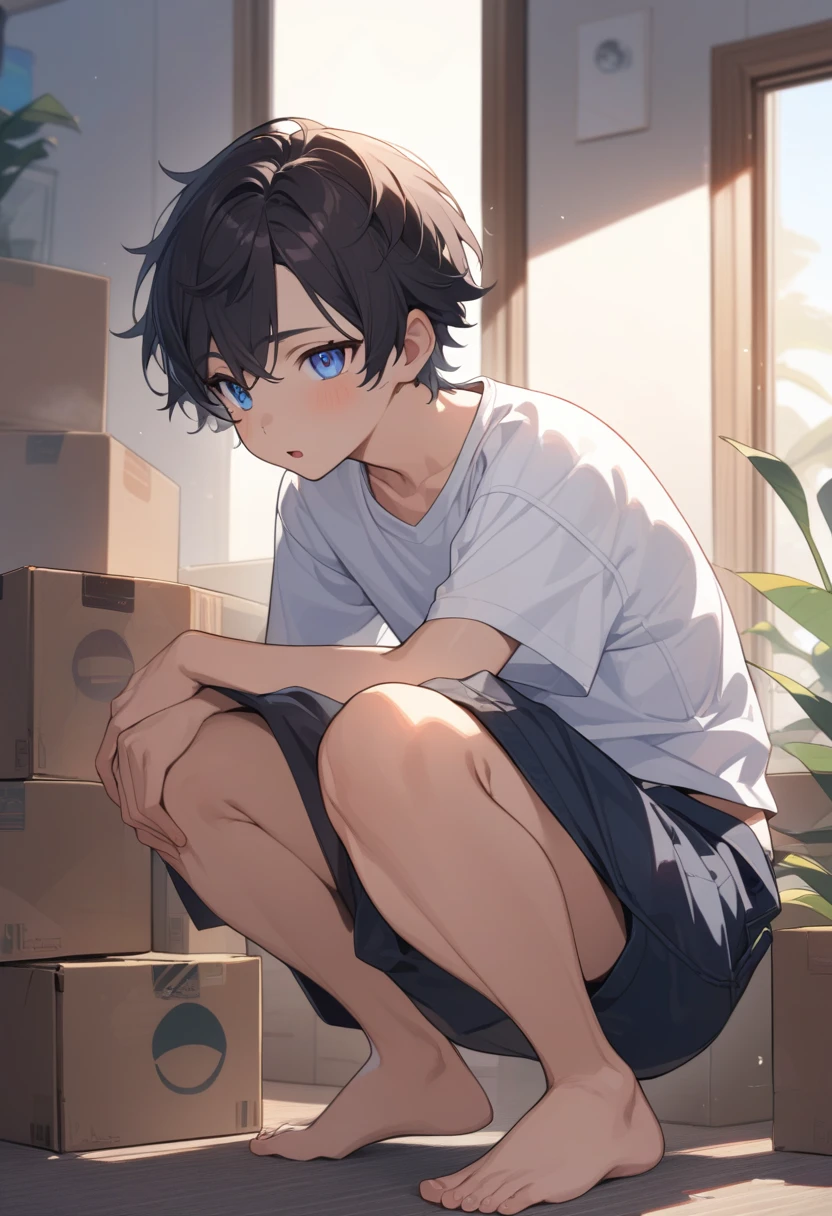 masterpiece, best quality, extremely detailed, ultra detailed, flat anime, 2D, ((1boy)),black hair, (short hair:1.5),blue eyes, height 1.7meters, (circle eyes:1.2), (young adult:1.2), Ear-length sideburns, long Sleeves, White T-shirt, barefoot, ((short sleeves)), ((long pants)), squatting, open mouth, summer, 12AM, livingroom,organizing the boxes., ((portrait)),full body,expressionless,((looking at viewer)), ((looking up)),