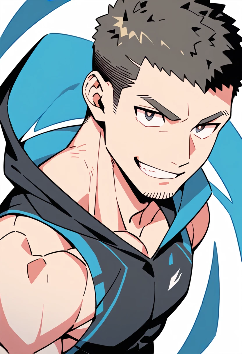 anime characters：Priapus, Muscle Sports Student, Buzz Cut, Manliness, male focus, Sports tight hooded sweatshirt, Wear a black high-necked tights inside, Very tight, full and perky chest muscles, muscular male, muscular, only, Upper body, alone, Red short hair, Thick eyebrows, stubble, Brown-red pupils, White background, simple background, amazing quality, best aesthetics, Ridiculous, crew cut, smirk, bright pupils, grin, negative space, negative space, best quality