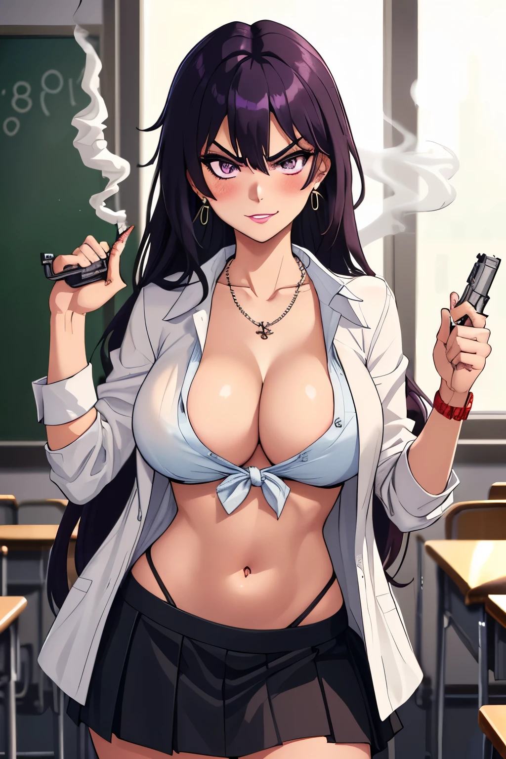 BambiettaDef, 1girl, solo, black hair, bangs, purple hair, purple eyes, hair between eyes, very long hair, brown eyes, long hair, breasts, large breasts,
blush, long hair, lipstick, Hot girl, baddie, staring, glaring, bad attitude, mean girl, dare, angry, hate, crazy, smoking, sensual, attractive, masterpiece, best quality, ((unbuttoned , cleavage, necklace, earrings, sexy body,
breasts)) , micro skirt, smiling, navel , exposed belly, exposed navel,school,
classroom , hold a gun,knot, holding pistol
