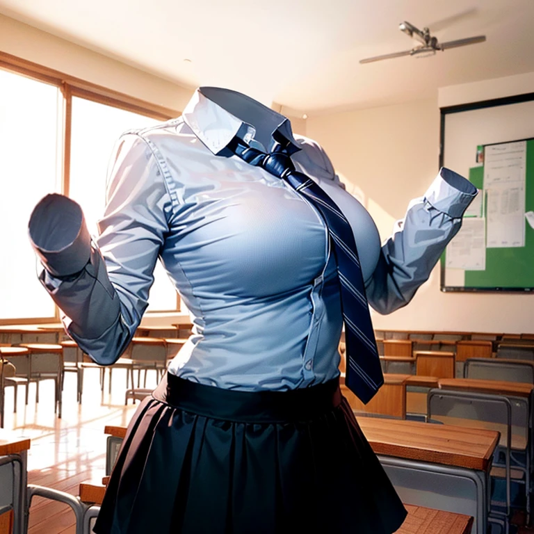 Classroom, long sleeve, white shirts, blue stripe tie, dark grey skirt, school tie, (sexy cute pose), (invisible, no humans, headless, faceless:1.5), (cute big breasts), (close-up shot of breasts), photon mapping, radiosity physically-based rendering