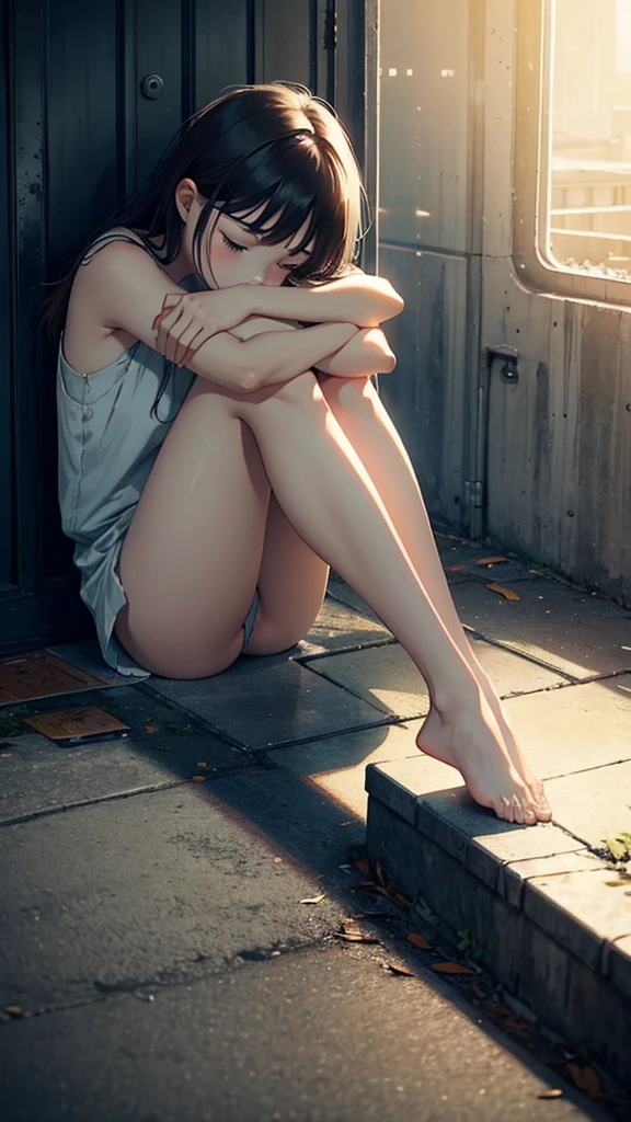 melancolic cinematic artwork, muted colors, emotional, simple, deep, a girl sitting on the ground, hugging the legs, bare feets, 