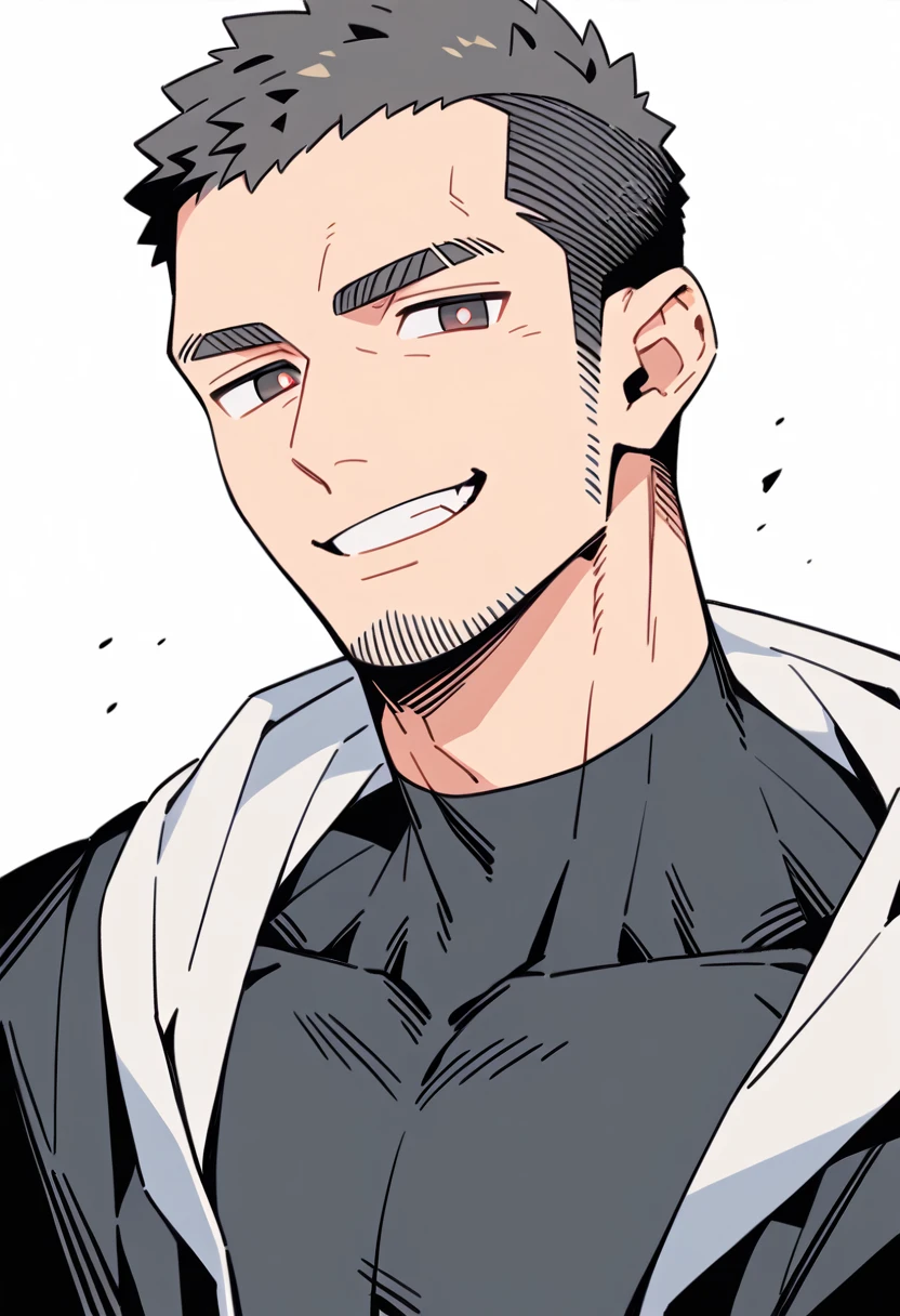 anime characters：Priapus, Muscle Sports Student, Buzz Cut, Manliness, male focus, Sports tight hooded sweatshirt, Wear a black high-necked tights inside, Very tight, full and perky chest muscles, muscular male, muscular, only, Upper body, alone, Red short hair, Thick eyebrows, stubble, Brown-red pupils, White background, simple background, amazing quality, best aesthetics, Ridiculous, crew cut, smirk, bright pupils, grin, negative space, negative space, best quality