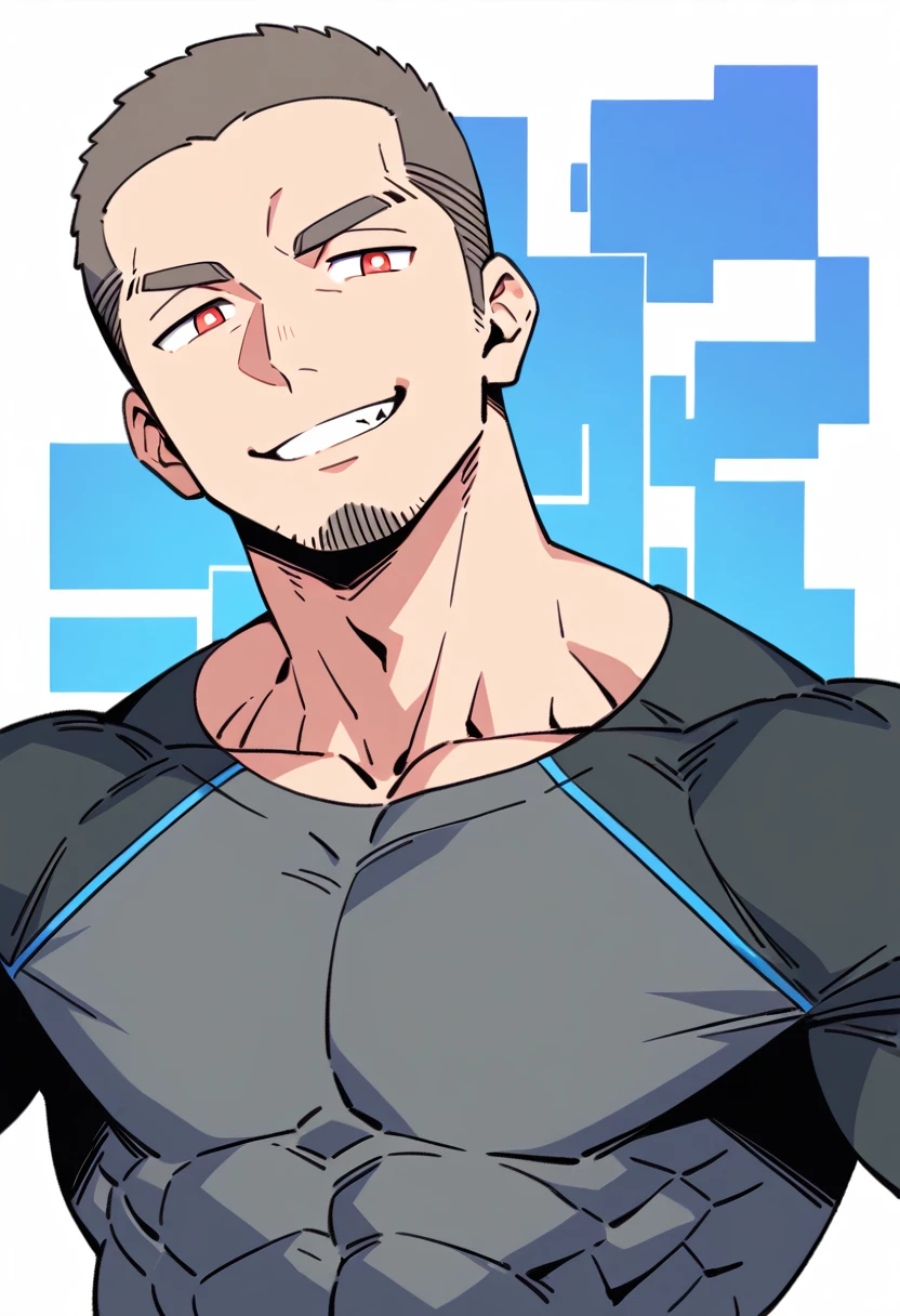 anime characters:Priapus, Muscle Sports Student, Buzz Cut, Manliness, male focus, Sports tight hooded sweatshirt, Wear a black high-necked tights inside, Very tight, full and perky chest muscles, muscular male, muscular, only, Upper body, alone, Red short hair, Thick eyebrows, stubble, Brown-red pupils, White background, simple background, amazing quality, best aesthetics, Ridiculous, crew cut, smirk, bright pupils, grin, negative space, negative space, best quality