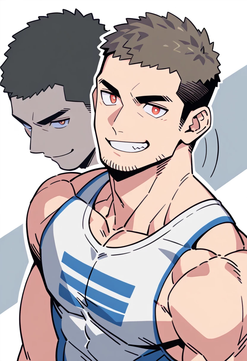 anime characters:Priapus, Muscle Sports Student, Buzz Cut, Manliness, male focus, Sports tight hooded sweatshirt, Wear a black high-necked tights inside, Very tight, full and perky chest muscles, muscular male, muscular, only, Upper body, alone, Red short hair, Thick eyebrows, stubble, Brown-red pupils, White background, simple background, amazing quality, best aesthetics, Ridiculous, crew cut, smirk, bright pupils, grin, negative space, negative space, best quality