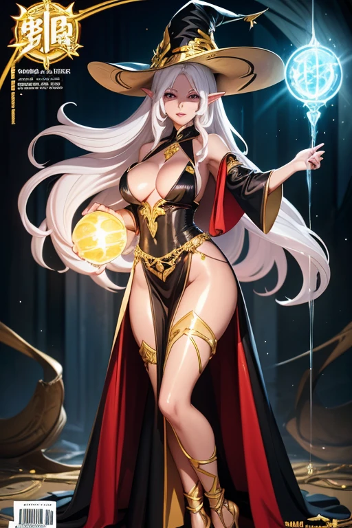 Magazine cover of beautiful tan elf, gigantic bulging breasts, long flowing white hair, Dramatic lighting, elaborate, glossy shiny wet skin, high heels, sexy black and gold high slit mage robes, , black and gold witch hat, holding a small magical orb with an aura around it, HD, 4k