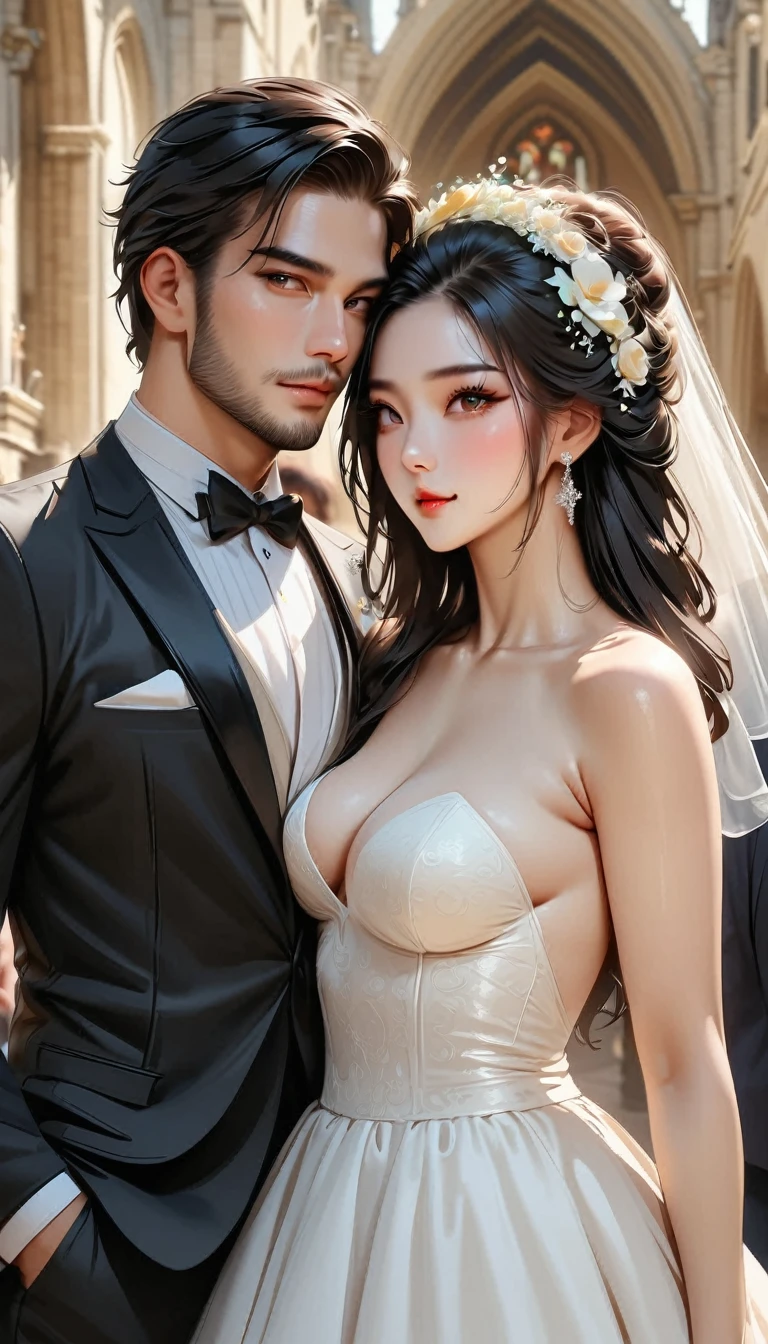 modern, Verism, masterpiece, textured skin, super detail, best quality, 4K , (((head shot))),Male and female couple standing side by side,a woman,Wedding dress, One handsome 25-year-old ,tuxedo,church,wedding,Happy atmosphere, People who bless those around, Blurred background,Hyperrealistic