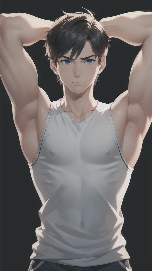 (Highest quality),masterpiece,8k wallpaper quality, Cinematic,effort,1 boy,White tank top, Huge muscles ,Raise your hand,Underarm, Sweating Short Hair