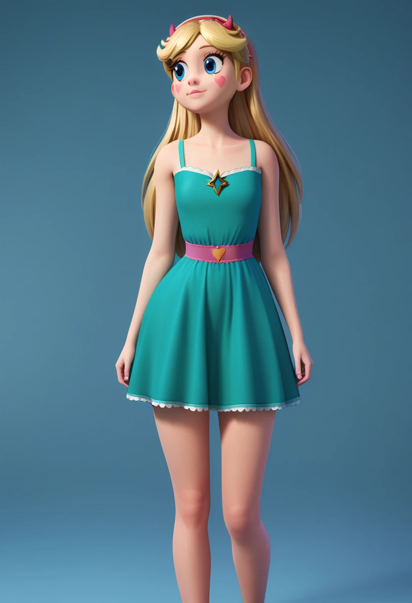 Star Butterfly, 1 girl, standing alone, ssmile, looking ahead at viewer, blue colored eyes, green dress, age 28, marking, ((whole body)), coxas nuas, curves, nice legs, 正面, pose, best qualityer, no flaws