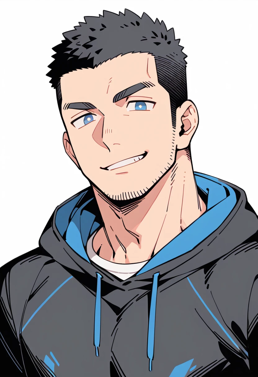 anime characters:Priapus, Muscle Sports Student, Buzz Cut, Manliness, male focus, Sports tight hooded sweatshirt, Wear a black high-necked tights inside, Very tight, full and perky chest muscles, muscular male, muscular, only, Upper body, alone, Red short hair, Thick eyebrows, stubble, Brown-red pupils, White background, simple background, amazing quality, best aesthetics, Ridiculous, crew cut, smirk, bright pupils, grin, negative space, negative space, best quality