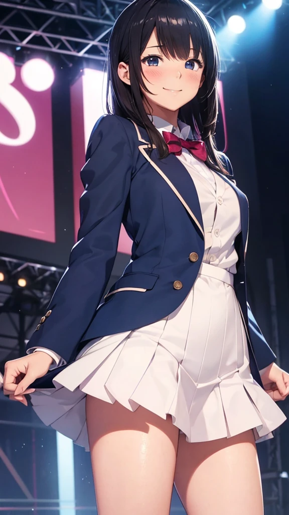 High resolution, accurate, high quality, Shortcuts, Blushing, anime, Your Name,girl,stage,cute,student,Blue blazer,whole,clear,smile, Open your mouth a little, Anatomically correct,