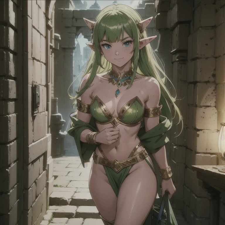 a tiny, 3 foot tall green-skinned goblin girl with small pointy ears, wearing a revealing Arabian-style top and very short skirt, walking towards the backdoor entrance of a nightclub, carrying a duffel bag and gym bag on her shoulder, looking back with a sexy smile, set against the backdrop of the busy nightclub at evening, cinematic still