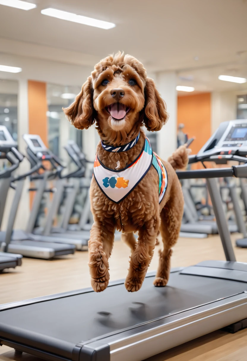 A brown Cavapoodle wearing a sports jersey and headband, running on a treadmill in a modern gym. The background features various gym equipment and large mirrors reflecting the energetic scene