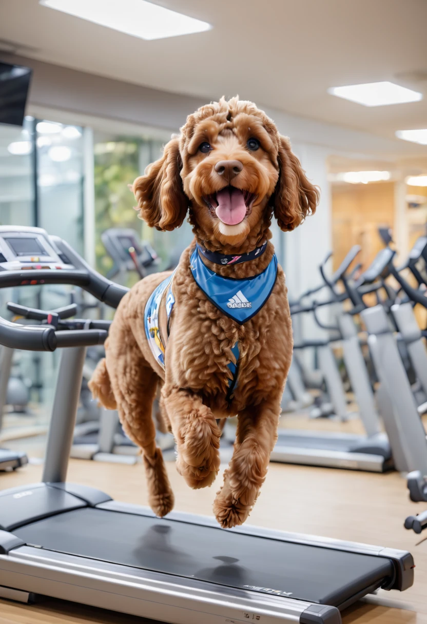 A brown Cavapoodle wearing a sports jersey and headband, running on a treadmill in a modern gym. The background features various gym equipment and large mirrors reflecting the energetic scene